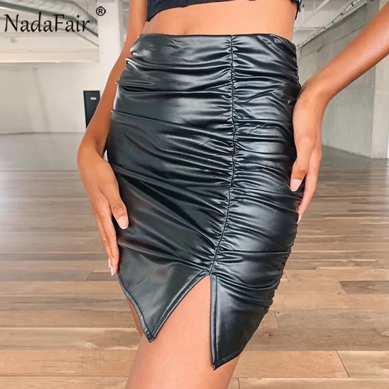 Черная Кожаная мини юбка Nadafair с высокой талией соблазнительная облегающая