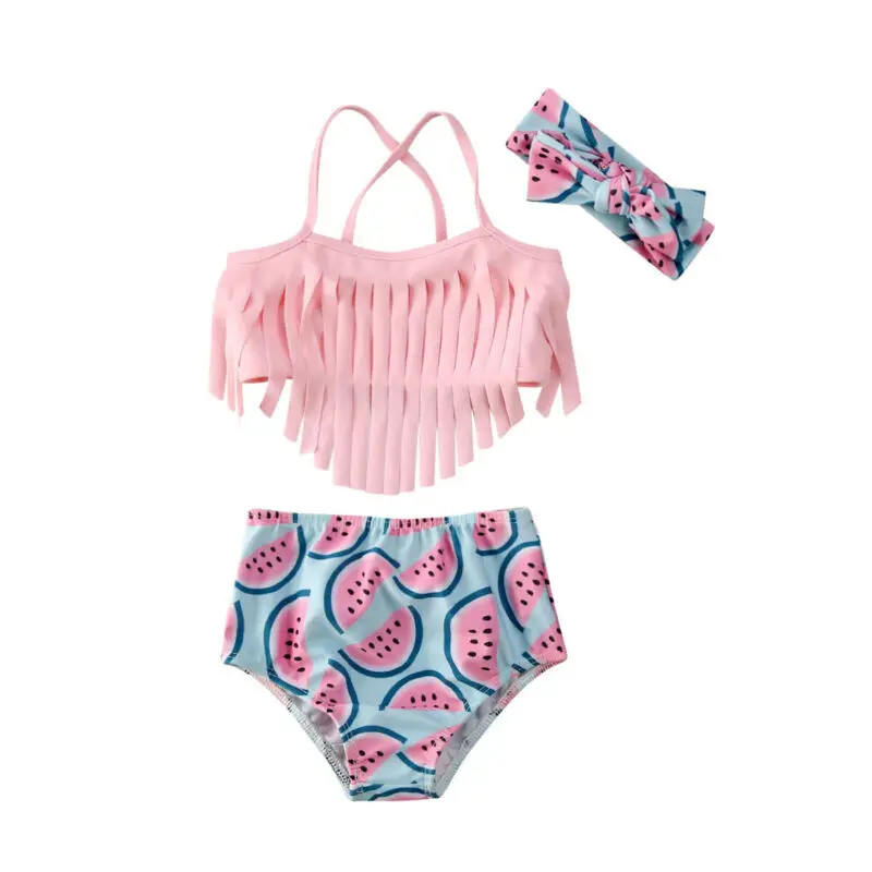 Модный трендовый купальный костюм для маленьких девочек с рисунком арбуза, купальник-бикини, милый купальный костюм с кисточками, пляжная одежда