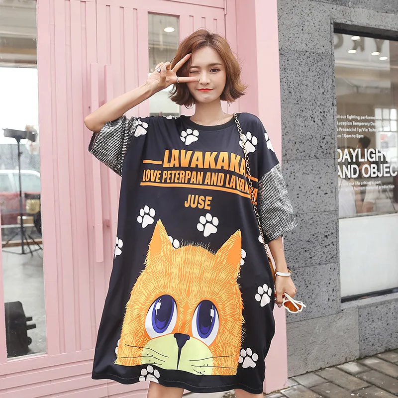 

2019 Summer New Products Cartoon Printed Fat Mm Slimming Sequin Sleeve Extra Large WOMEN'S T-shirt
