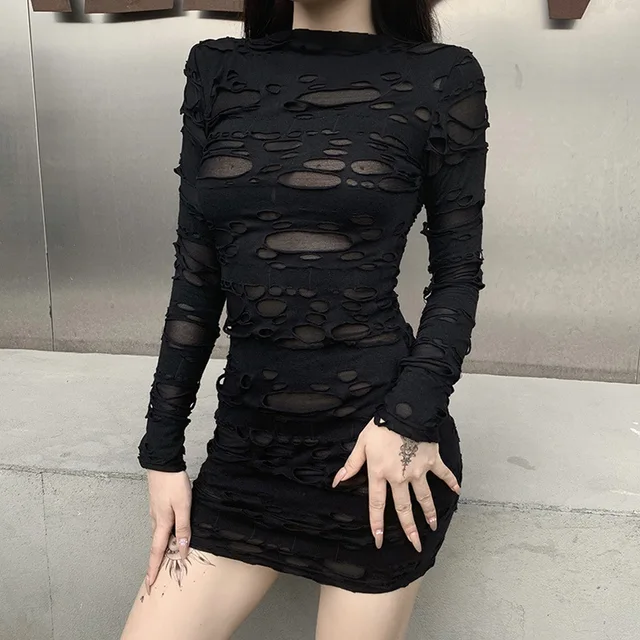 Helisopus New Gothic Black Mini Dress Streetwear Rock Punk Hollow Retro High Waist Long Sleeve Bodycon Party Dresses 3