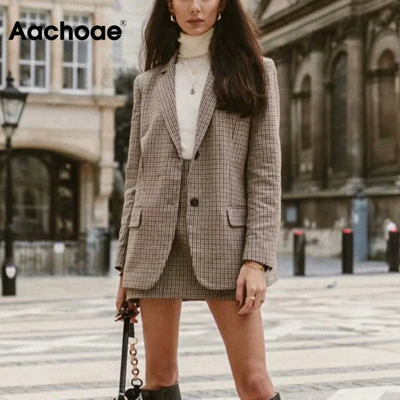 Aachoae женский клетчатый твидовый костюм с юбкой весна 2020 длинный рукав Хаундстут