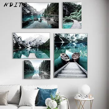 

Scandinavian Nature Landscape Poster Nordic Style Print Mountain Lake Boat Wall Art Picture Painting Modern Living Room Decor