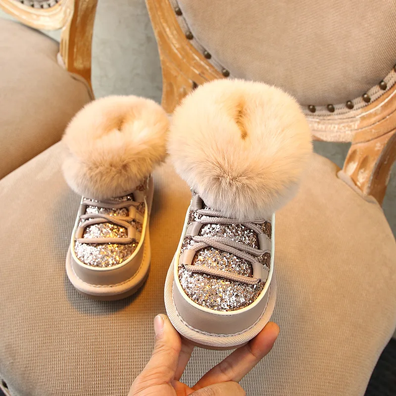 Хлопковые ботинки принцессы с блестками для девочек; детские зимние ботинки с кроличьим мехом; коллекция года; зимняя детская теплая обувь