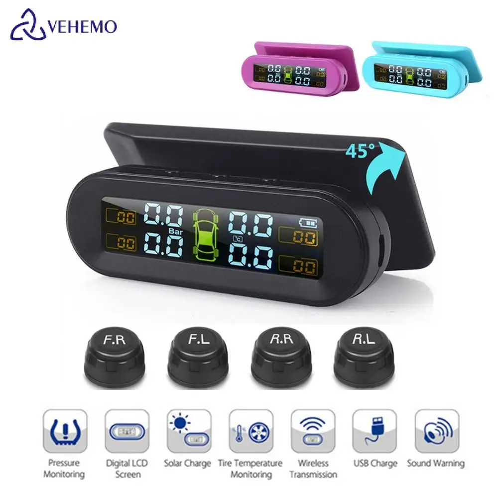 

VEHEMO T10 4Pcs TPMS car tire pressure safety alarm system temperature alarm, tire pressure alarm monitor, USB + solar charging