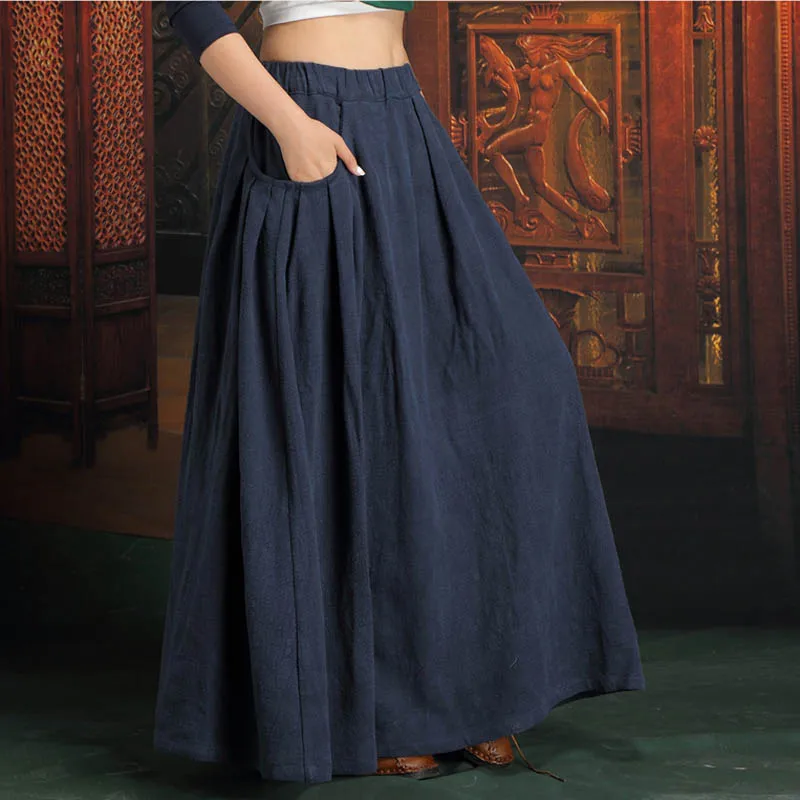 Плюс размер 4XL 6XL 5XL XXXXXL винтажные повседневные Черные хлопковые и льняные уличные складки женские длинные макси юбки с женскими