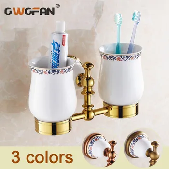 

Cup & Tumbler Holders Antique Brass Ceramic Cup Bathroom Accessories Gold Double Tumbler Holder Rose Gold Toothbrush Cup Holders