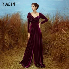 

YALIN Chic Neck Velour Evening Dresses Long Sleeves Open Back Special Occasion Dress Split Plain Pageant Gown Robe De Soiree
