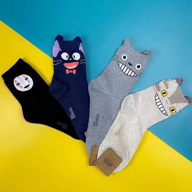 Cartoon Cat Cute Socks Women No Face Man Sock Totoro Funny Fashion Anime Spring Autumn Sweat Absorption Gray Classic Cotton Sock