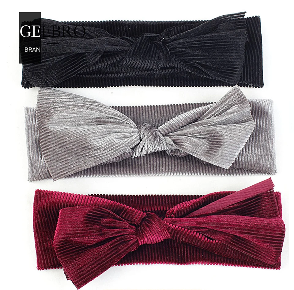 Geebro Ribbed Kids Velvet Bow Children's Hair Band For 0-3 Years Old Baby Turban Headwrap Elastic Kids Hair Accessories