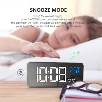 

New 145x65x32mm LED Mirror MusicDigital Alarm Clock Dual Snooze Clock USB ChargingTime Temperature Large Display Sleep Timer