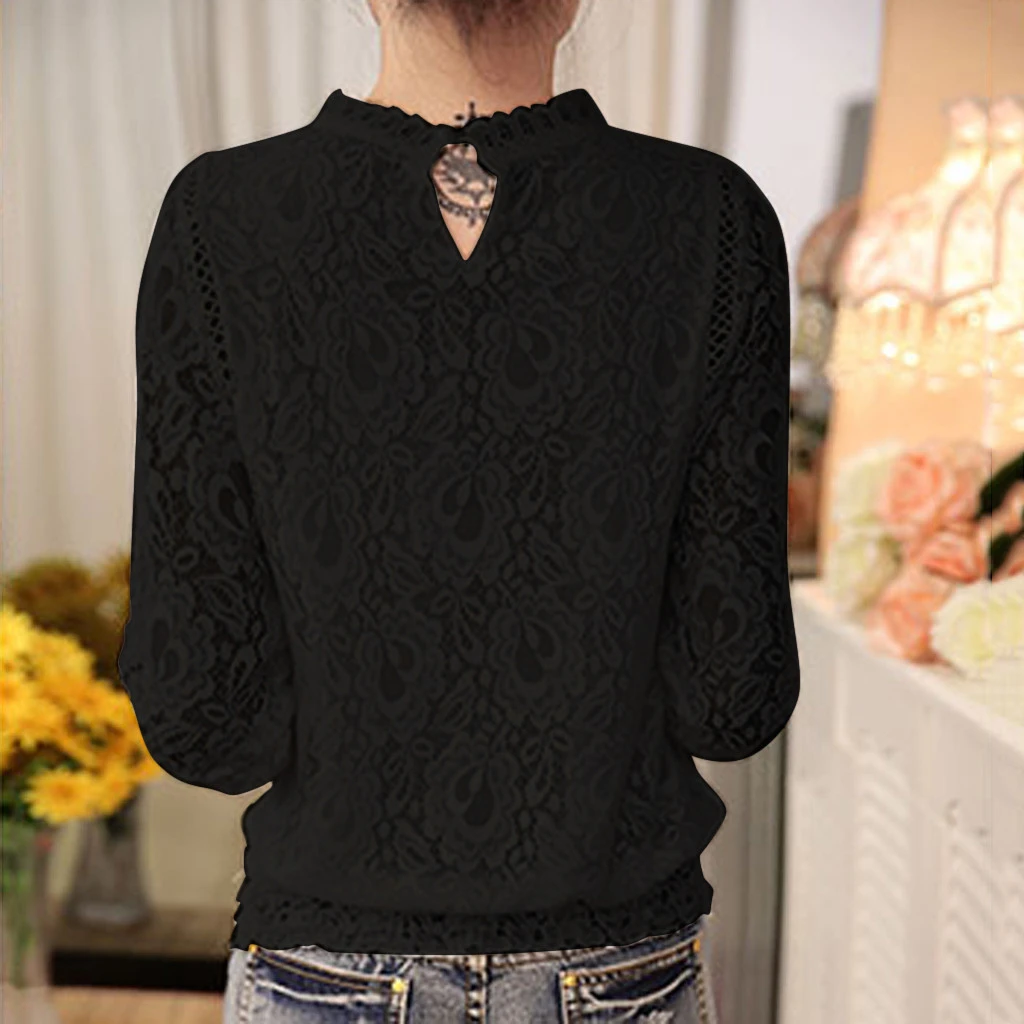 CHAMSGEND Lace Sexy Blouses Women Fashion Crochet Flower Blouses Elegant Loose Long Sleeve Tops Female Ladies 1030