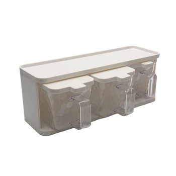 

3 Grids Container With Lid Kitchen Seasoning Box Desktop Spoon Transparent Cooking Spices Storage Condiment Jar Herb With Handle