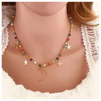

European and American fashion classic jewelry simple personality Star color rice bead Moon Pendant Necklace female