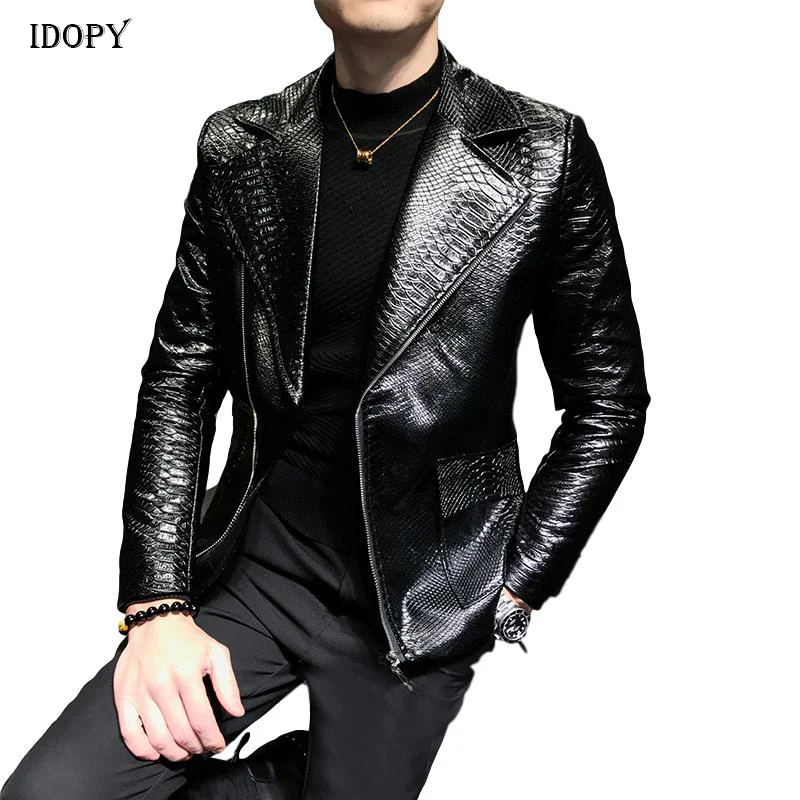 Idopy Новые Красивые Куртки из искусственной кожи на молнии для отдыха мужская одежда с отложным воротником мужская куртка и пальто