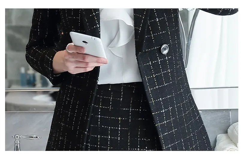 Office Uniform Ladies Elegant Work Skirt Suits Women Black White Plaid Long Skirt with Blazer Autumn Winter Jacket and Skirt Set