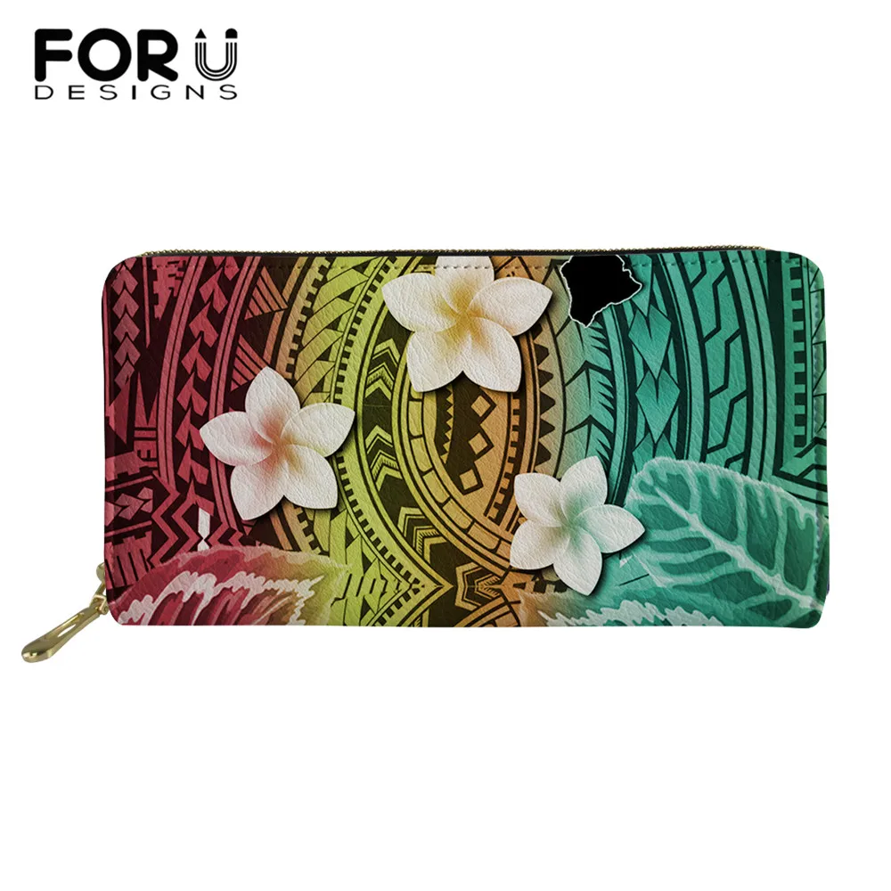 

FORUDESIGNS Women PU Fashion Purse Gradient Polynesian Tribal Frangipani Pattern Brand Clutch Bag With Zipper Long Retro Wallet