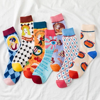 

male and female middle tube socks 2020 spring and summer new fashion tide socks character avatar cartoon couple socks