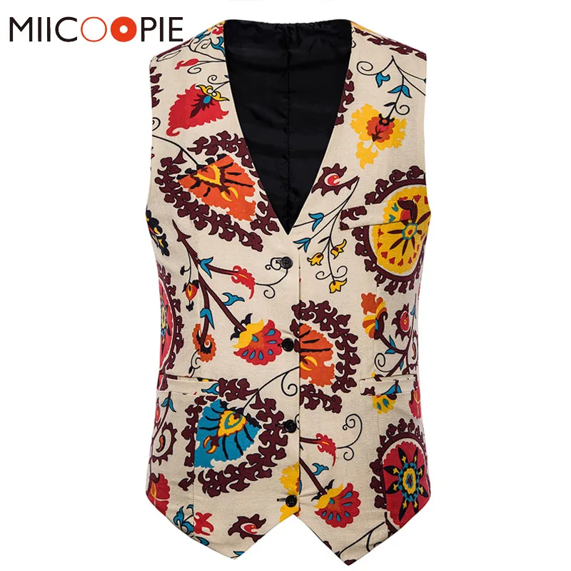 

M-4XL Floral Printed Suit Vest Men Casual Patchwork Sleeveless Khaki Mens Waistcoat Vintage Single Breasted Chalecos Para Hombre