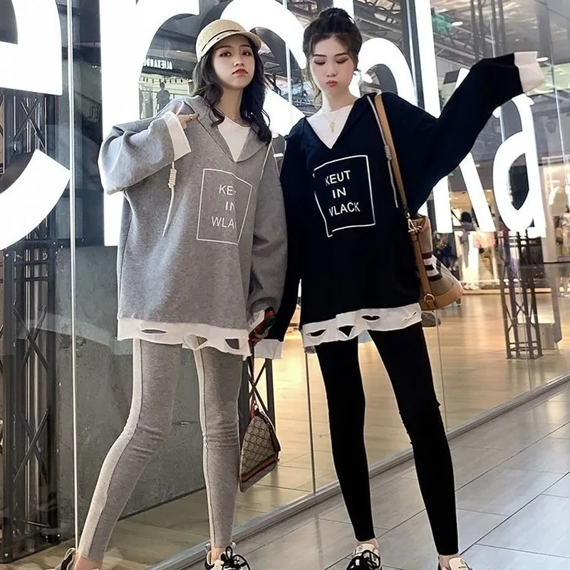 

Women's Two-piece Two-piece Fake Two-piece Hooded Sweatshirt Suit Female 2020 New Age Reduction Leggings Two-piece Woman