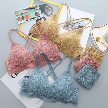 

Sexy Beautiful Back Lace Underwear New Cross Strap Comfort Push Up Bra Set Women Romantic Wireless Triangle Bras and Panties Set