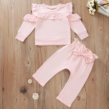 

New Baby Girl Solid Color Pink Two Pieces Sets Autumn Long Sleeve Sweater Bow Decoration Pant 0-36M