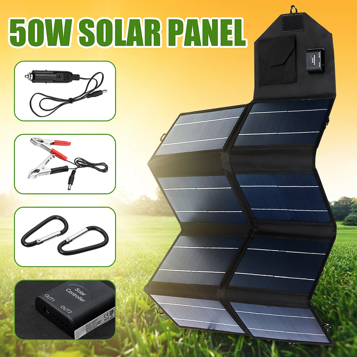  Portable 50W 12V Solar Panel Dual USB Folding Waterproof Charger Mobile Power Bank for Phone Batter