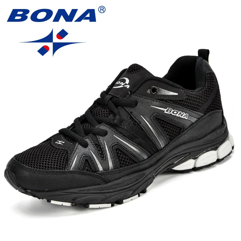 BONA/Мужская модная Уличная Повседневная Спортивная обувь; сетчатая обувь из яловичного спилка+ микроволокна; мужские кроссовки на шнуровке с низким верхом - Цвет: Black silver grey