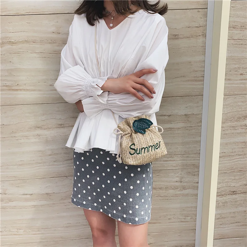 

2019 New Style WOMEN'S Bag Summer Straw Bucket Bag Lettered Drawstring Bag Leaf Weaving Shoulder Oblique Bag