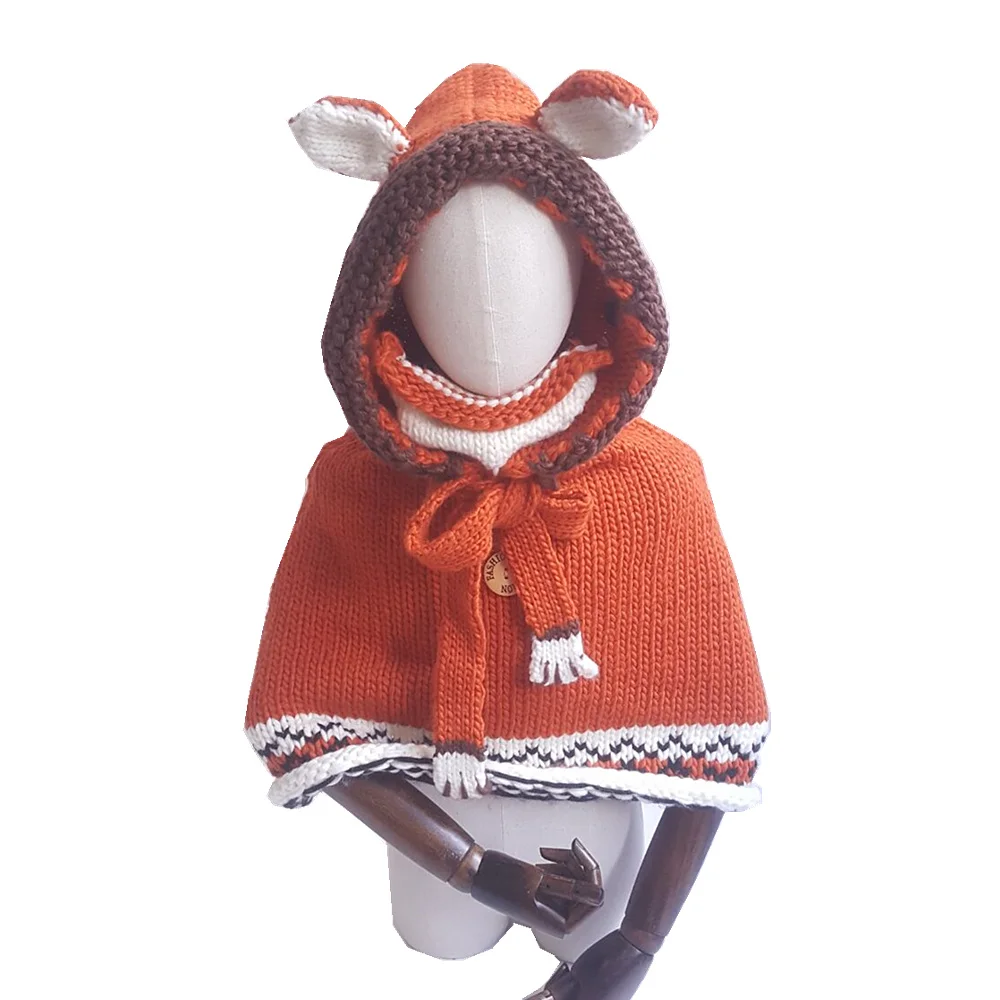 Детский зимний мягкий шарф с капюшоном с изображением животных и лисы, маска, шаль, набор теплых вязаных шапок Skullies Beanies, шапки для девочек и мальчиков, шапка, рождественский подарок