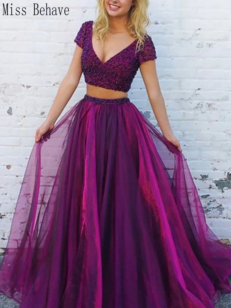 

DD JYOY Two Pieces Women Evening Dress Elegant Beaded Pearls Sexy Deep V Neck with Short Sleeve Long Formal Dresses Evening Gown
