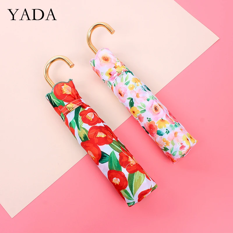 

YADA 2020 INS Flower Pattern J Handle Princess Umbrella 3-Folding Umbrellas For Girl Women Anti-UV Lovely Rain Umbrella YD200298
