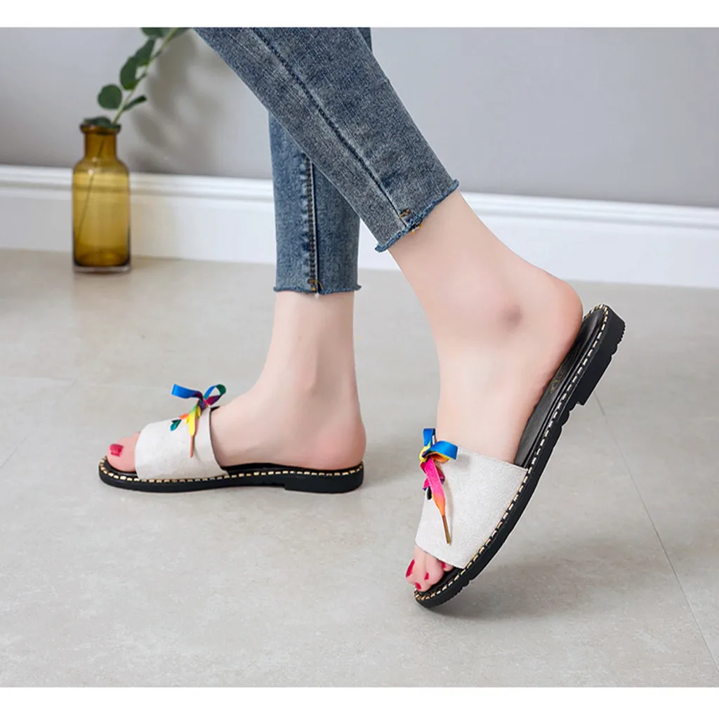 

SAGACE Womens Slippers Ladies Rainbow Tie Flat Slip On Open Toe Roman Leisure Slippers Flip Flops Women Summer Beach Personality