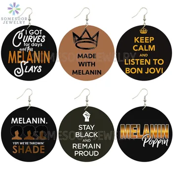 

SOMESOOR Melanin Power Sayings African Wooden Drop Earrings Proud Crow Black Throwin Shade AFRO Printed Wood Jewelry For Women