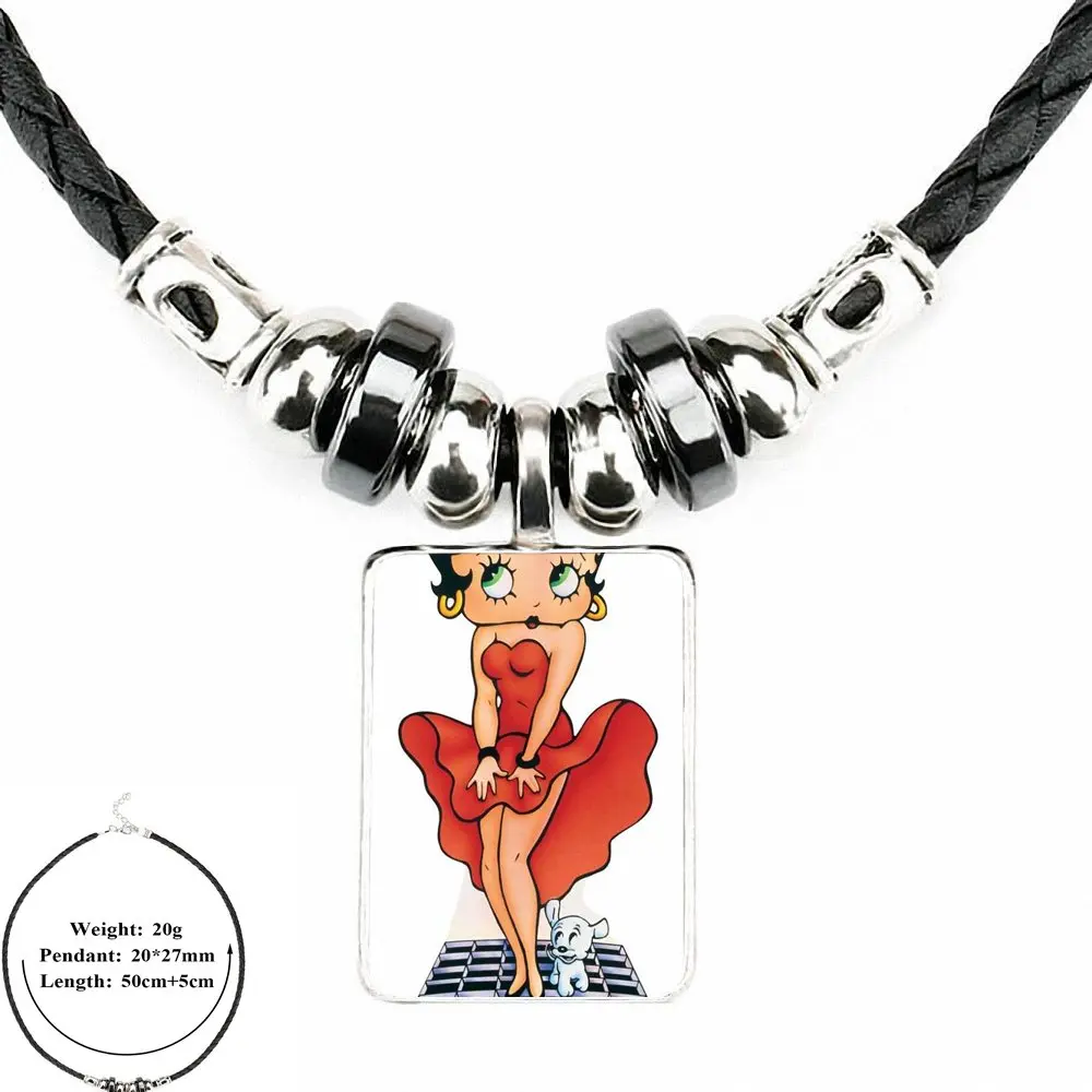 EJ Glaze Великолепная Betty Boop лучшая для женщин Детская бижутерия со стеклянными кабошонами черная кожаная подвеска-бусы ожерелье - Окраска металла: as picture