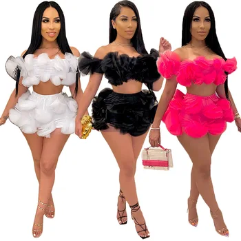 

Women Clothing Sets Summer 2020 Off Shoulder Strapless Mesh Top and Short Set White Black Red Sexy Two Piece Outfit Club Suit