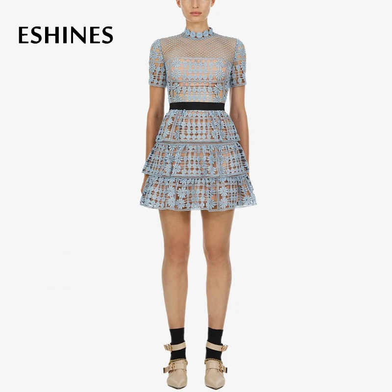 

ESHINES Self Portrait Designer Blue Mini Dress Summer Flower Hollow Out Stand Neck Short Sleeve Patchwork Lace Cake Dress