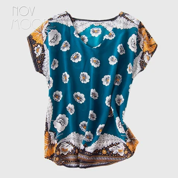 

Novmoop korean loose style women summer breathable blue plus size V-neck natural silk t shirt ropa mujer verano 2020 LT3112