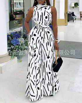 

2020 Sleeveless Dot Print High Waist Wide Legs Jumpsuit Elegant Office Ladies White Long Jumpsuit Rompers Female Autumn