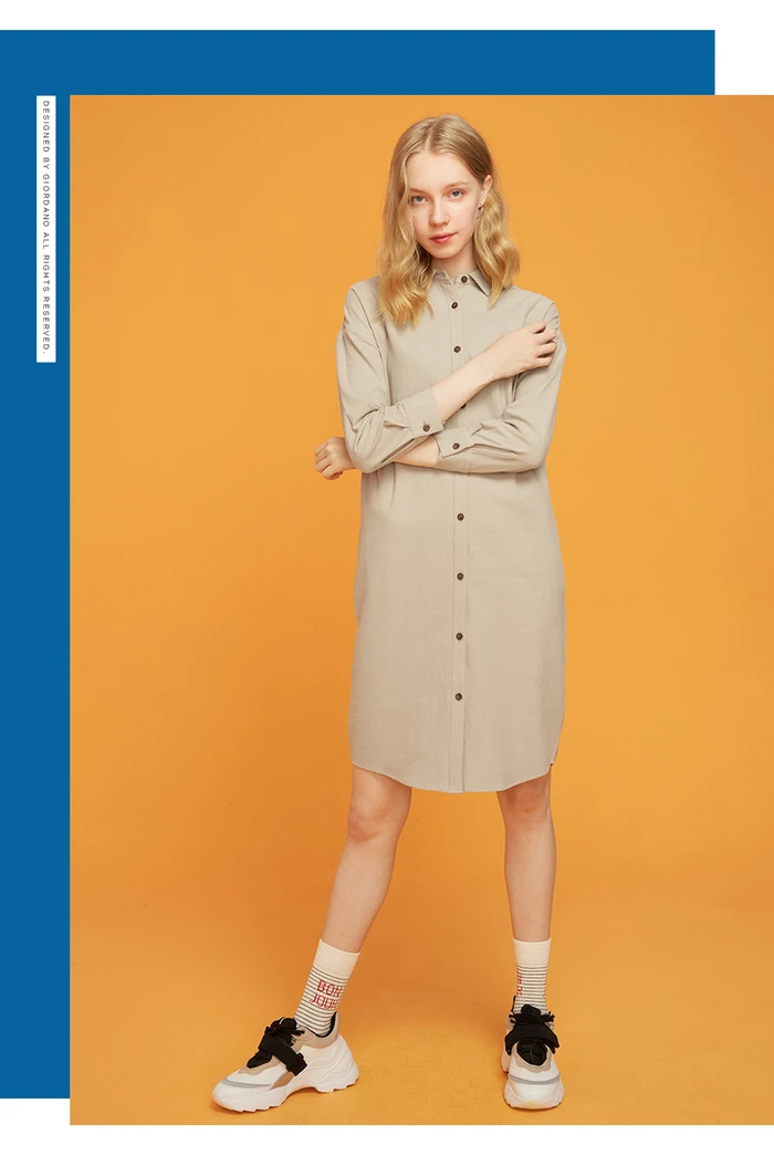 Giordano женское платье фланель хлопковая рубашка платье хлопок с двойным карманом, с закругленным краем, одежда повседневные роковой 13469810