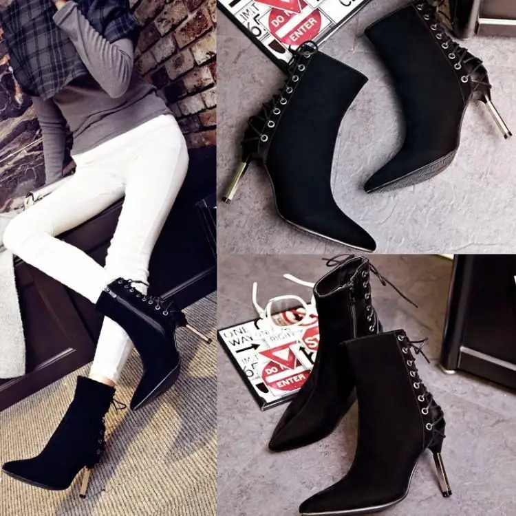 

Spring And Autumn Boots Punk Cross Straps Dull Polish Side Zipper Artificial Velboa