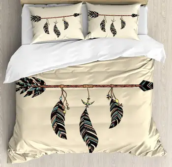 

Arrow Decor Queen Size Duvet Cover Set by Ambesonne Arrow in Ethnical Pattern With Feathers Decorative Native Tribal Print Decor
