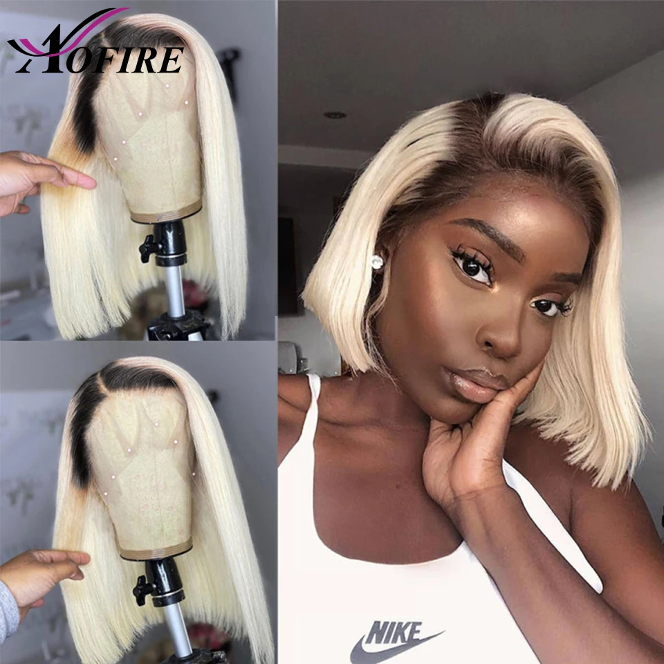 Bob Human Hair Wigs For Women Dark Root 1 B 613 Honey Blonde Straight Lace Front Wig Brazilian HD Transparent Frontal | Шиньоны и