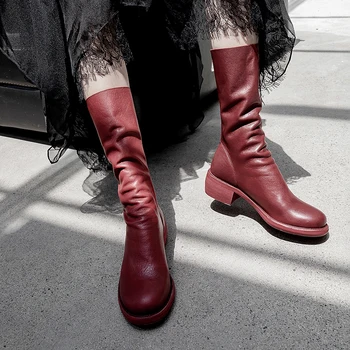 

2019 top quality genuine leather boots women zip round toe autumn Motorcycle western Boots vintage punk Mid-Calf Boot