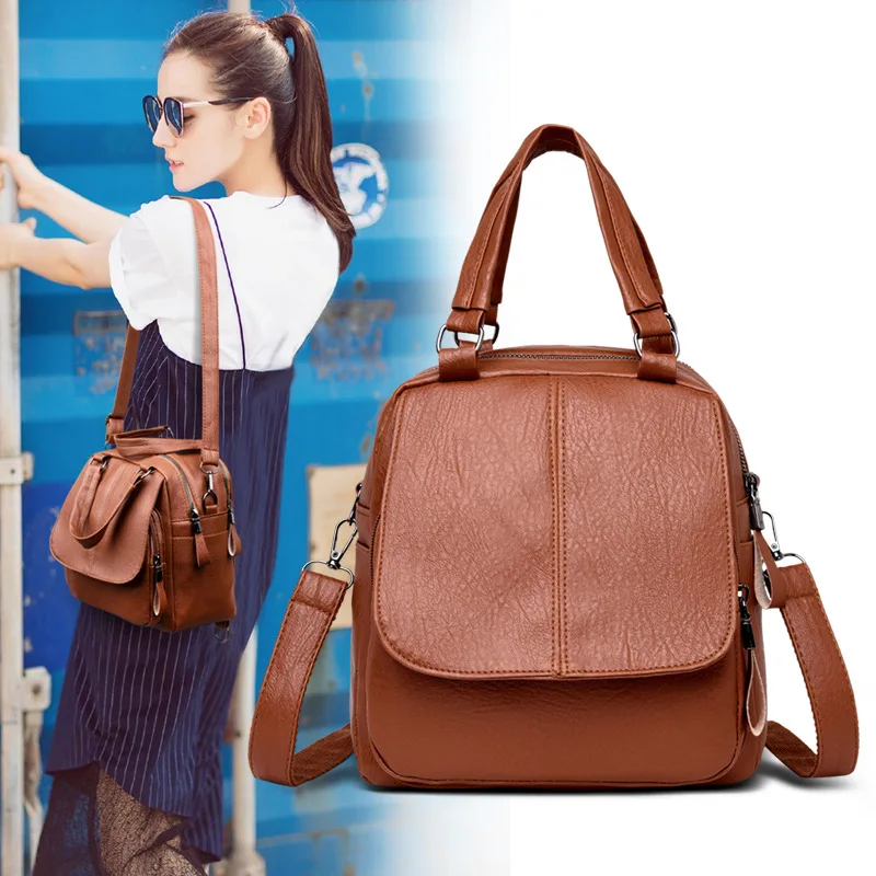 

Triple Use Large Capacity Backpack Women's 2019 Spring New Style Schoolbag Soft Leather Outdoor Anti-Theft Shoulder Bag