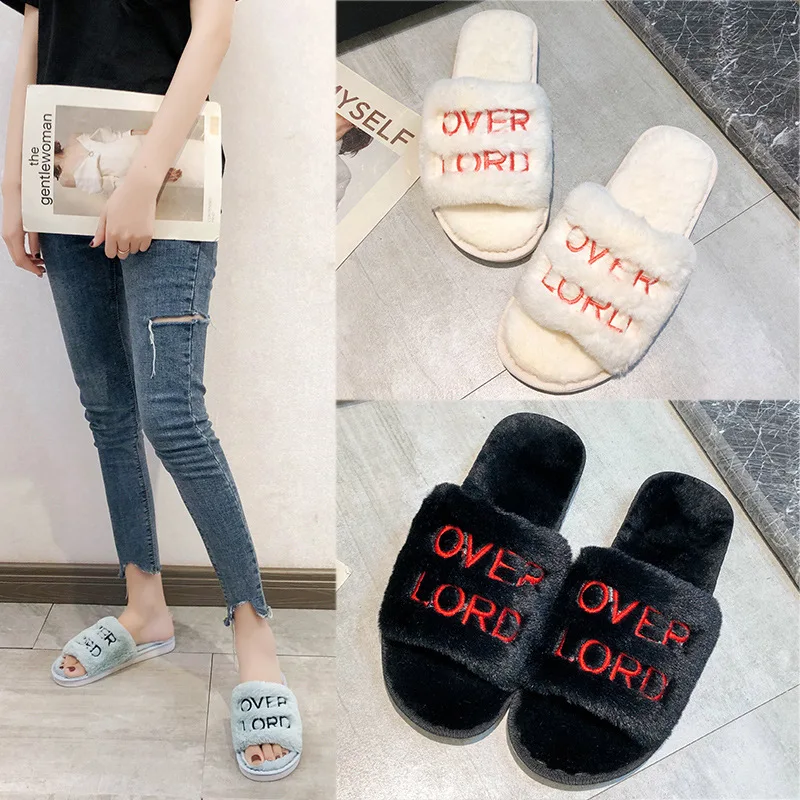

Plush Slipper Women's 2019 Autumn And Winter New Style Lettered Peep-Toe Sandals Habitat Home Indoor Wood Floor Anti-slip Cotton