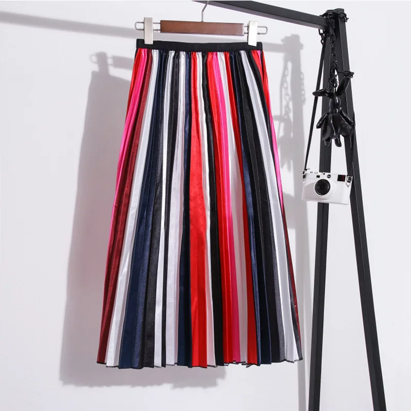 Разноцветная Зимняя юбка для женщин Enegland элегантная сатиновая плиссированная эластичная талия высокая талия Faldas Mujer Moda длинные юбки для женщин s