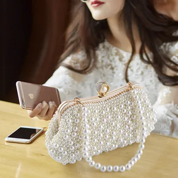 

Manual Weave Pearl Beaded Women Evening Bag Pearl Strap Pillow Shape Metral Frame Casual Clutch Purse Handbag Lady Girl Dress