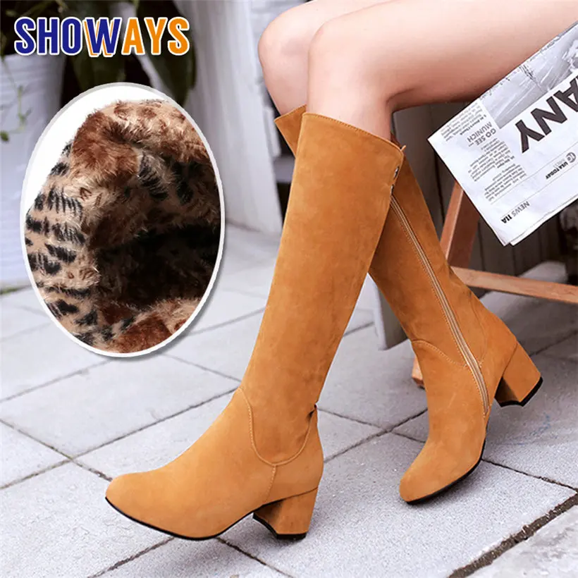 

Winter Women Knee High Boots Black Brown Grey Flock Round Toe Square Block Heel Party Office Lady Button Zipper Plush Long Boots