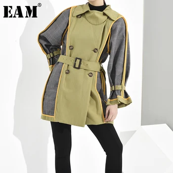 

[EAM] Women plaid split temperament Trench New Lapel Long Sleeve Loose Fit Windbreaker Fashion Tide Spring Autumn 2020 1H847009