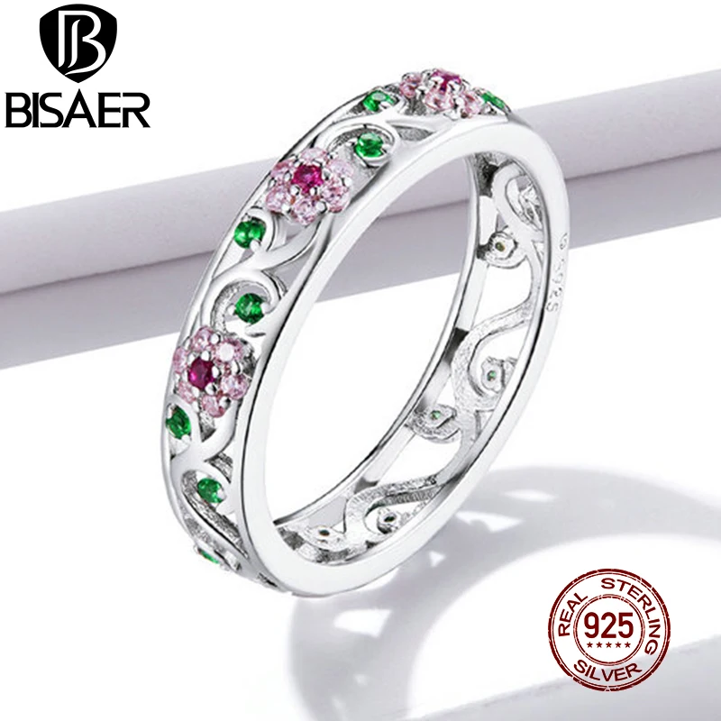 

BISAER Pink Flower Rings 100% 925 Sterling Silver Statement Colorful CZ Finger Rings For Women Luxury Jewelry 2020 EFR132